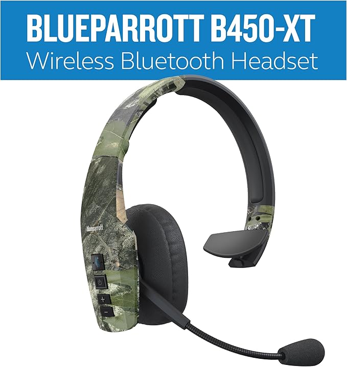 BlueParrott B450-XT Mono Bluetooth Wireless Headphones 96% Noise Canceling Mossy Oak Obsession Edition Trucker Headset with Mic, Comfort Padded Headband, 300 ft. Wireless Range, 24 hrs Talk Time, Camo