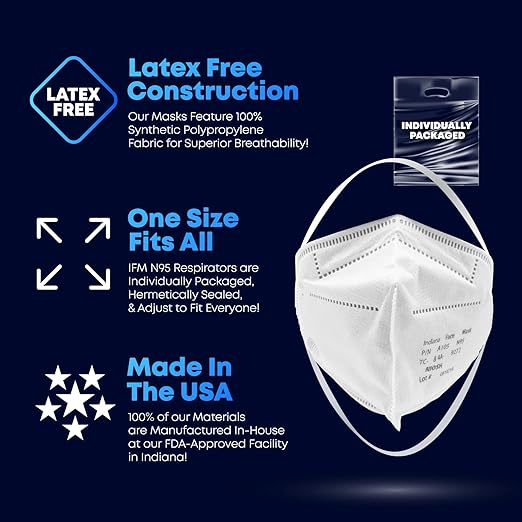 N95 Respirator Masks | Box of 25 | NIOSH APPROVED N95 | Made in USA | Particulate Respirator >95% | Individually Wrapped | Universal Fit | Certified Particulate Respirators
