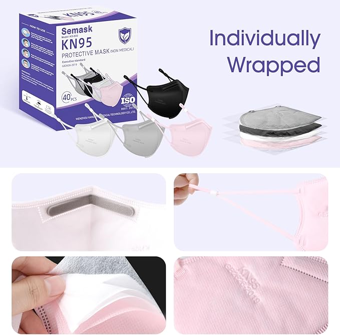 KN95 Adjustable Masks 25 Pack, Individually Wrapped Disposable Masks with Adjustable Ear Loops