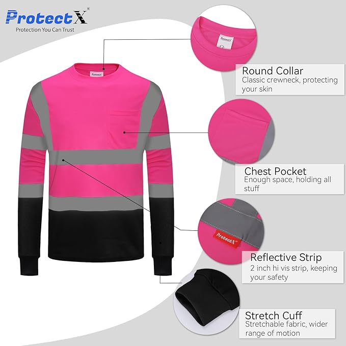 ProtectX Men's High Visibility Heavy Duty Long Sleeve Reflective Safety T-Shirts for Construction, Class 2-3 Type R