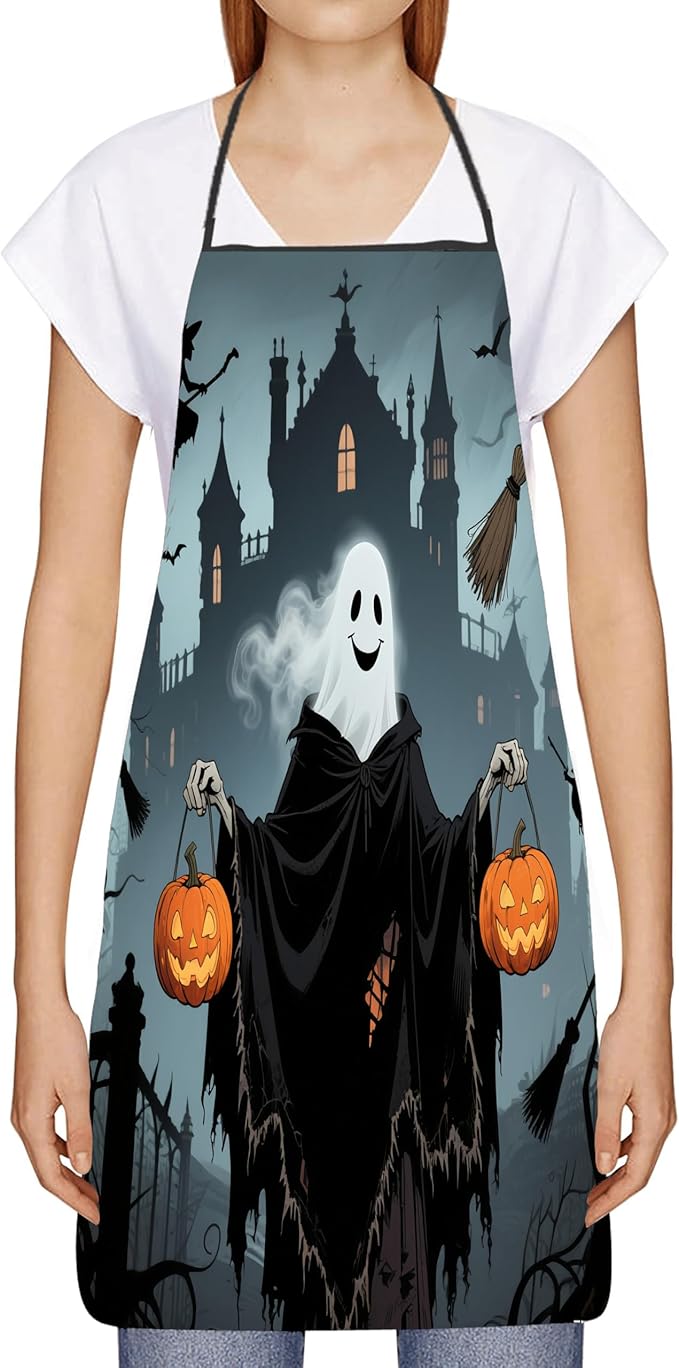 Halloween Aprons Gifts for Women Mens Print Witch Ghost and Pumpkin Cooking Apron, Funny Gift for Him Her,His Hers (1 Pcs)