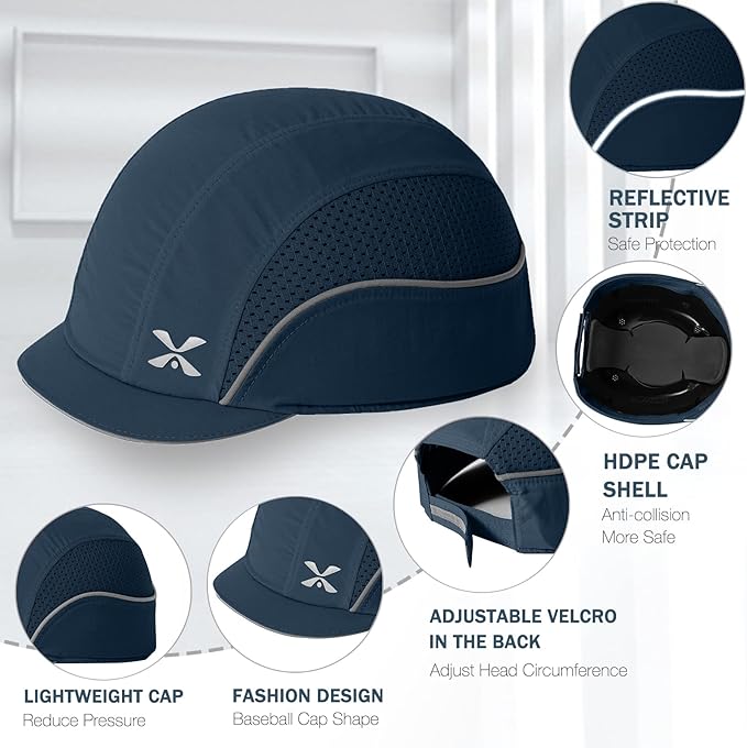Lightweight Safety Bump Cap - Breathable Baseball Style Protective Hat with Reflective Stripes