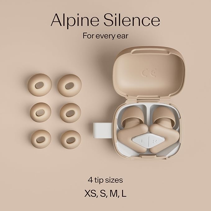 Alpine Silence Earplugs for Sleep, Focus & Travel - V-Shape Snug Fit & Soft Oval Tips – 4 Sizes XS/S/M/L - Comfortable, Reusable Hearing Protection - SNR 22dB & NRR 16 Noise Reduction – Beige