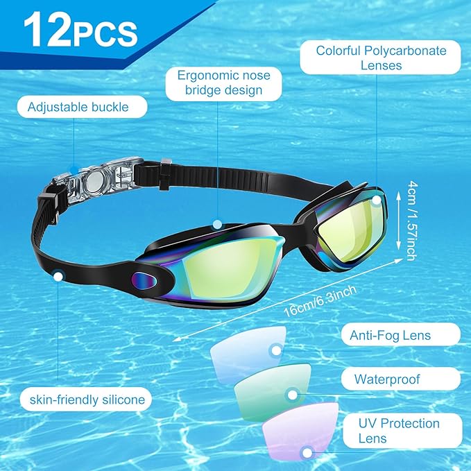 Flutesan 12 Pack Swim Goggles for Adult Kids Anti Fog Swimming Glasses with 12 Ear Plugs Nose Clip No Leaking Full Protection