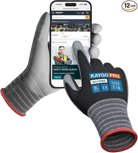 KAYGO Work Gloves PU Coated-12 Pairs KG15P, Nylon Lite Polyurethane Safety Work Gloves with full fingers Touchscreen, Knit Wrist Cuff,Ideal for Light Duty Work (Small, Black)