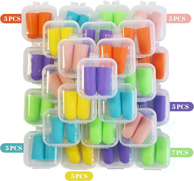 Calmi Multi-Color Ear Plugs for Noise Reduction 32 Pairs with Individual Cases 7 Green + 5 Each in Pink/Purple/Orange/Blue/Yellow 33dB NRR Foam Earplugs for Sleep/Snoring/Travel/Work/Concerts/Studying