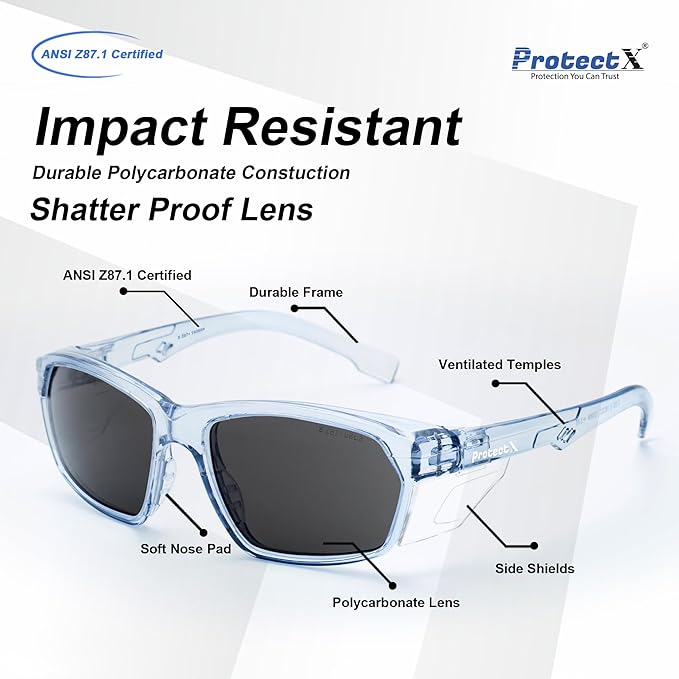 ProtectX Stylish Anti-Fog & Scratch-Resistant Safety Glasses With Readers, UV Protection Goggles, Anti-Impact Lightweight Glasses for Men＆Women Tinted Smoke Blue