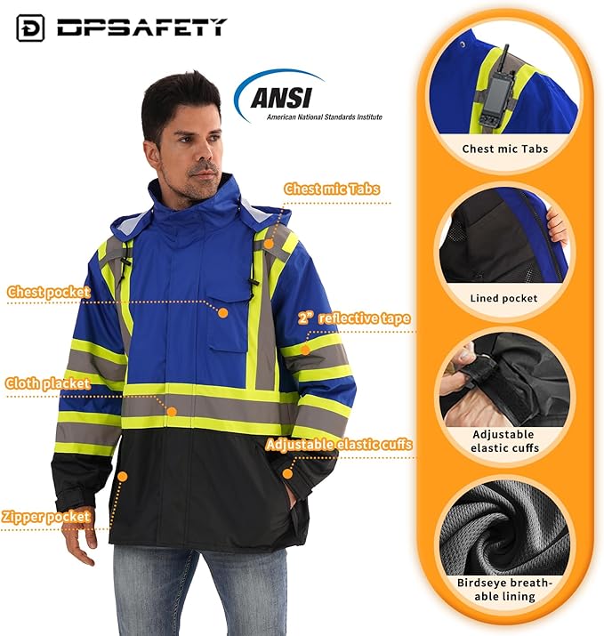 Reflective Rain jackets for men waterproof,Hi Vis Safety Coat With Reflective Strips，High Visibility Class 3 Rain jackets With 2 large pockets，Zipper,Blue,2XL/3XL