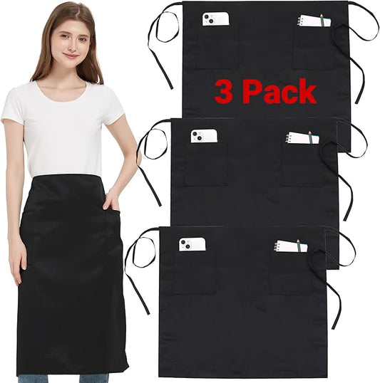 3 Pack Waist Apron with 3 Pockets, Unisex Black Waiter Aprons, Water Resistant Server Aprons for Restaurant Chef Bar