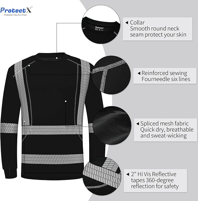 ProtectX Men's High Visibility Heavy Duty Long Sleeve Reflective Safety T-Shirts for Construction, Class 2-3 Type R