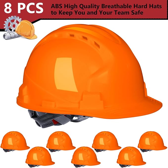 Leumoi 8 Pieces 4 Pt. Suspension Hard Hat Bulk Safety Helmets Adjustable Ratchet Hard Hats with Vents and Cotton Brow Pad ABS Construction Hardhats for Men Work Head Protection Supplies
