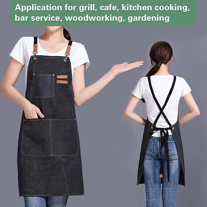 Chef Apron, Aprons for Men,Adjustable Strap Cotton Canvas Cross Back Apron for Kitchen Cooking Baking Bib Apron