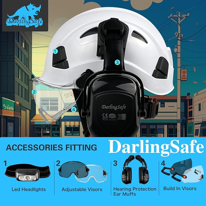 Hard Hat with Visor Ear Muffs Vented Safety Helmet with Visor Earmuffs ANSI Z89.1 Outdoor Work Hardhats Construction