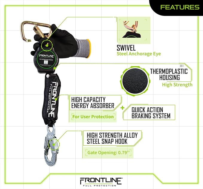 Frontline RPAS Aramid Fiber Web SRL | 6'-12' Single Leg | Steel Snap Hook | Lightweight & Compact | Durable Housing | Quick-Action Brake | 310 lbs Capacity | ANSI & OSHA Compliant (Pack 2)