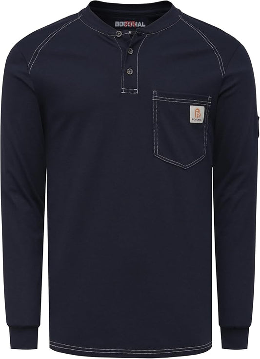 BOCOMAL Men's FR Shirt Pocket Henley Lightweight Flame Resistant Cotton Long Sleeve Workwear UL NFPA2112 CAT2 Welding Tee