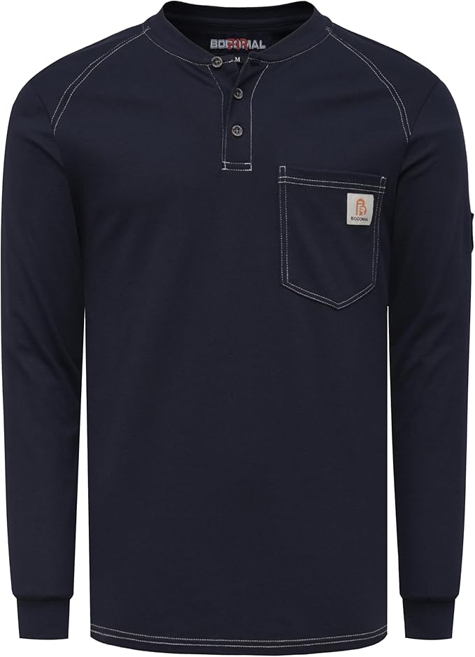 BOCOMAL Men's FR Shirt Pocket Henley Lightweight Flame Resistant Cotton Long Sleeve Workwear UL NFPA2112 CAT2 Welding Tee