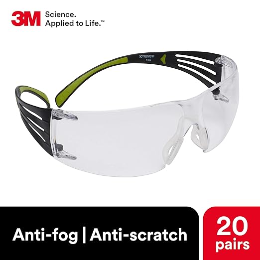 3M Safety Glasses for Men and Women, SecureFit 400, 20 Pack, ANSI Z87, Anti-Fog Anti-Scratch Clear Lens, Green/Black Frame, Polycarbonate, UV Protection, Flexible Temples, Soft Nose Bridge