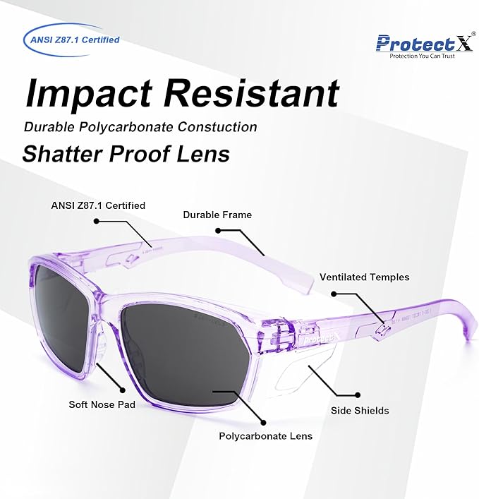 ProtectX Stylish Anti-Fog & Scratch-Resistant Safety Glasses With Readers, UV Protection Goggles, Anti-Impact Lightweight Glasses for Men＆Women Lilac Tinted Smoke - 2 Pack