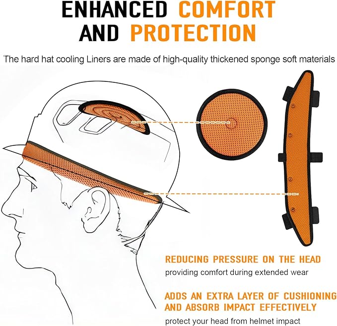Hard Hat Sweatband and Top Pad for Safety Helmet, Washable Hard Hat Cooling Liner Accessories Set, Suspension Sweat Band Replacement, Reusable Inserts Headband, Orange, 4 PCS