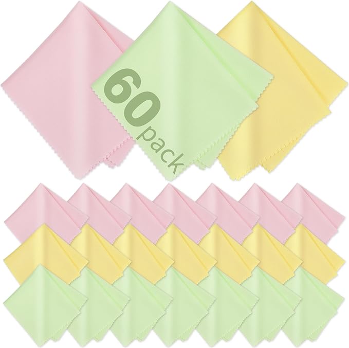 60-Pack Microfiber Cleaning Cloths for Glasses, 6x7 Inch Premium Lens Cleaning Cloth for Screens, Cameras, Eyeglasses, Cell Phone, LCD TV Screens，Pink，Green，Yellow