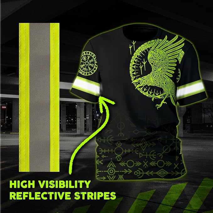Matedecor Skull High Visibility Shirt Men Reflective Safety Shirts US Flag Custom Name Workwear, Runners, Walkers, Patriotic