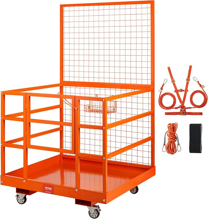 VEVOR Forklift Safety Cage, Forklift Man Basket 1400lbs Capacity, 43"x45" Work Platform with Safety Harness & Lock, Drain Hole & Wheels & Tool Basket, Perfect for Aerial Work
