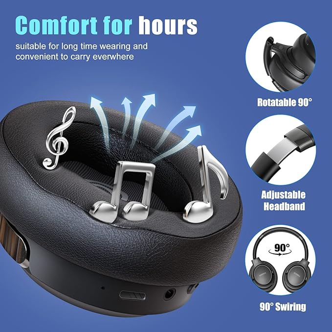BERIBES Bluetooth Headphones Over Ear, 65H Playtime and 6 EQ Music Modes Wireless Headphones with Microphone, HiFi Stereo Foldable Lightweight Headsets(Black)