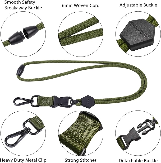 Wisdompro 2 Pack of 23 inch Durable Round Cord Heavy Duty Lanyard with Safety Breakaway Buckle, Detachable Buckle and Metal Hook for ID Card Badge Holder and Keys - Black and Army Green