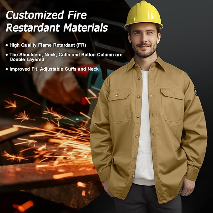 FR Shirts 7.5oz Flame Resistant Welding Shirt, 100% C FR Clothing for Men, Men's Fire Retardant Welding Jacket for Safety Work, Heavy Durable Welding Gear, Meets NFPA2112, Khaki-ZRND 2XL
