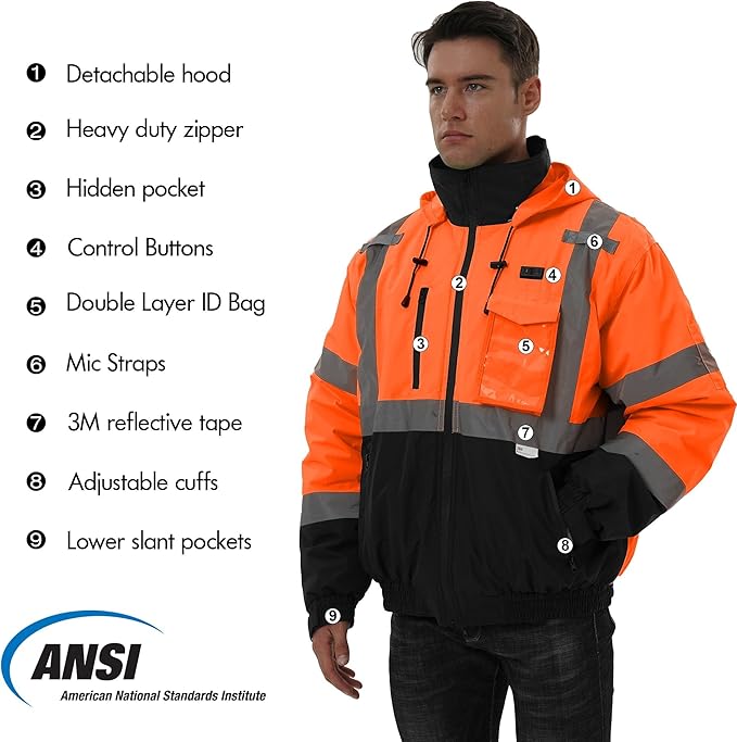 SKSAFETY Heated Safety Bomber Jacket, Class 3 Hi-Vis Waterproof Coat, 3M Reflective Tape, Work Construction Coats