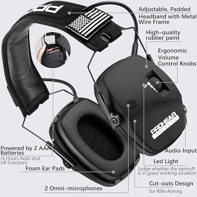 PROHEAR Digital Electronic Shooting Ear Protection Sound Amplification Earmuffs, 23dB NRR Low Profile Noise Reduction Hearing Protection for Gun Range and Hunting, Black