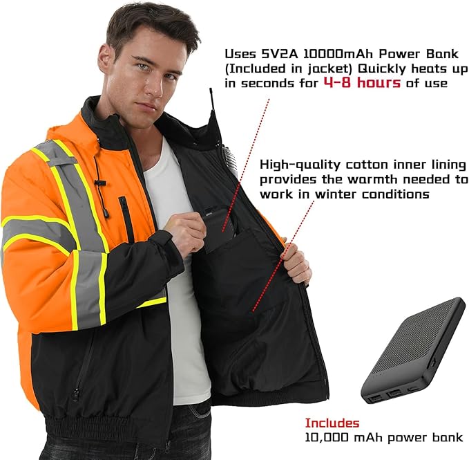SKSAFETY Heated Safety Bomber Jacket, Class 3 Hi-Vis Waterproof Coat, 3M Reflective Tape, Work Construction Coats