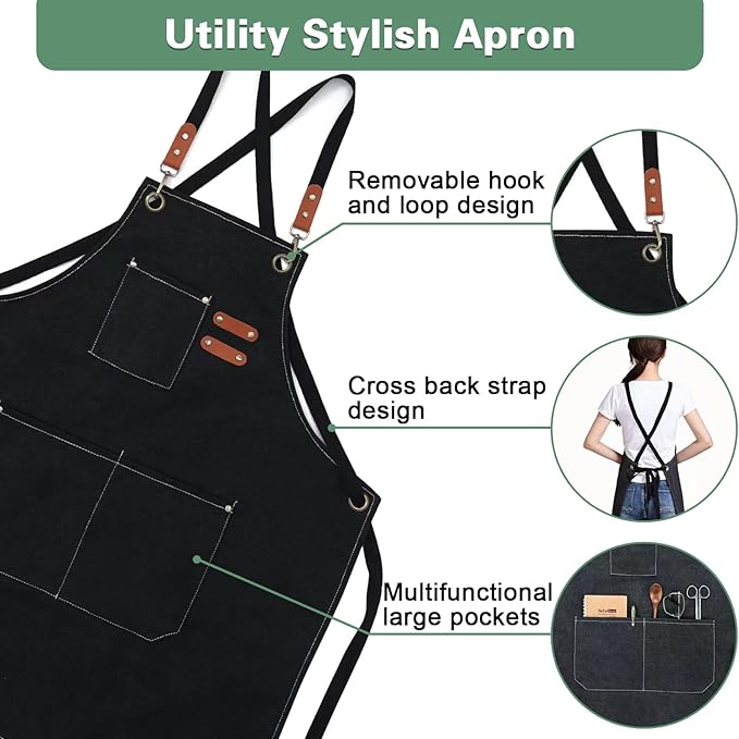 Chef Apron, Aprons for Men,Adjustable Strap Cotton Canvas Cross Back Apron for Kitchen Cooking Baking Bib Apron