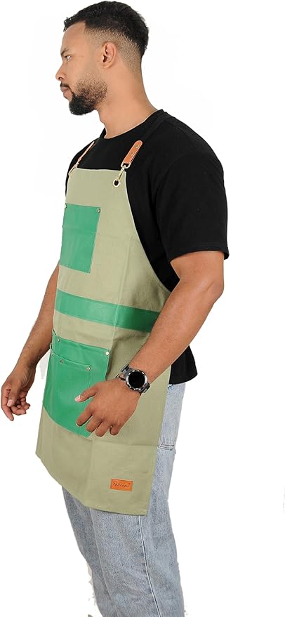 Barber Hair Stylists Working Apron Waterproof Canvas Chef Kitchen Apron with 6 Pockets