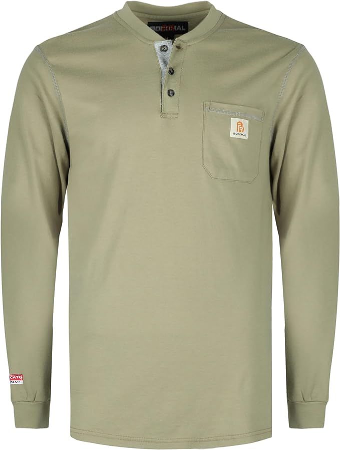 BOCOMAL FR Shirts for Men 5.5oz Lightweight Long Sleeve Work Henley Fire Resistant Shirt CAT2