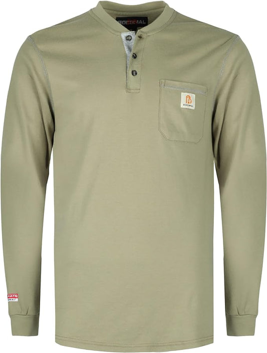 BOCOMAL FR Shirts for Men 5.5oz Lightweight Long Sleeve Work Henley Fire Resistant Shirt CAT2