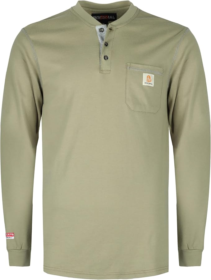 BOCOMAL FR Shirts for Men 5.5oz Lightweight Long Sleeve Work Henley Fire Resistant Shirt CAT2