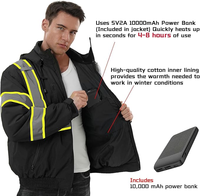SKSAFETY Heated Safety Bomber Jacket, Class 3 Hi-Vis Waterproof Coat, 3M Reflective Tape, Work Construction Coats