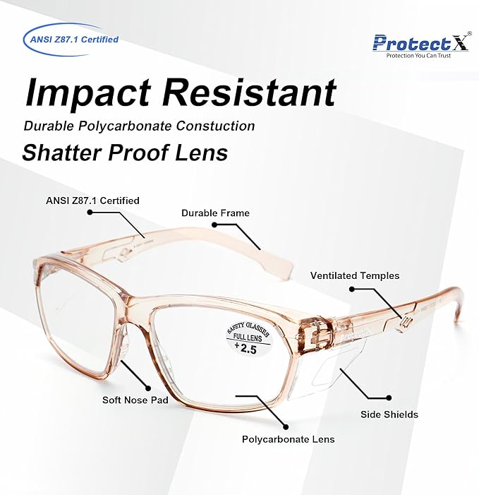 ProtectX Stylish Anti-Fog & Scratch-Resistant Safety Glasses With Readers, UV Protection Goggles, Anti-Impact Lightweight Glasses for Men＆Women Cold Brew Reading 2.5-6 Pack