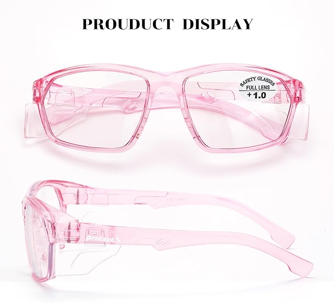 ProtectX Stylish Anti-Fog & Scratch-Resistant Safety Glasses With Readers, UV Protection Goggles, Anti-Impact Lightweight Glasses for Men＆Women Pink Reading 1.0