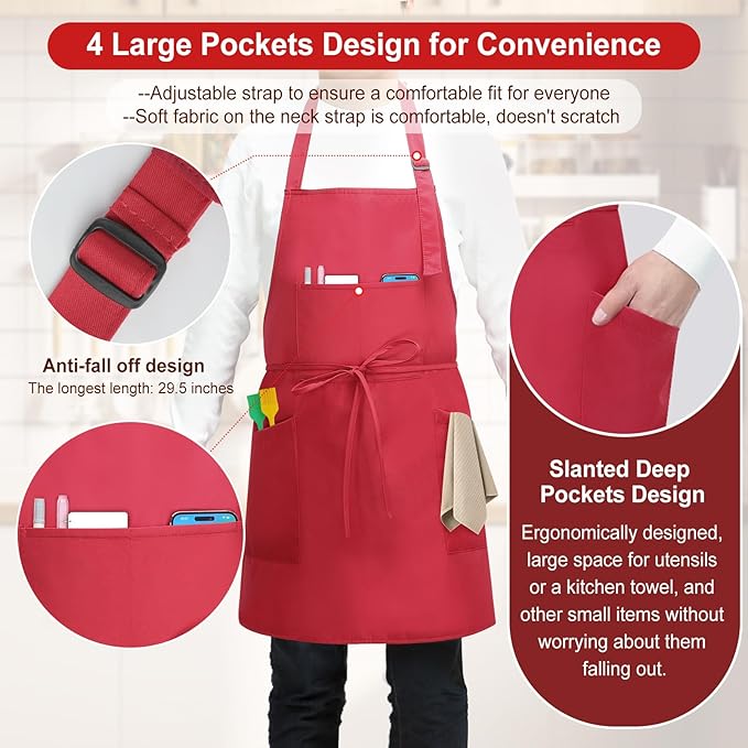 3 Pcs Dual Waterproof Oilproof Kitchen Chef Aprons with 4 Pockets for Men Women, Adjustable Soft Anti-Tear Cooking Bib Apron for Baking Grilling BBQ Painting Cleaning (Red)