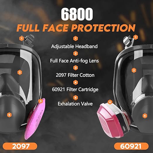 Full Face Respirator 4 Pack: 6800 Reusable Respirator Mask with Filters 60921 & 2097 - Gas Mask Anti Fog Against Organic Vapor Fumes Gases for Spray Paint Chemicals Epoxy Resin Welding