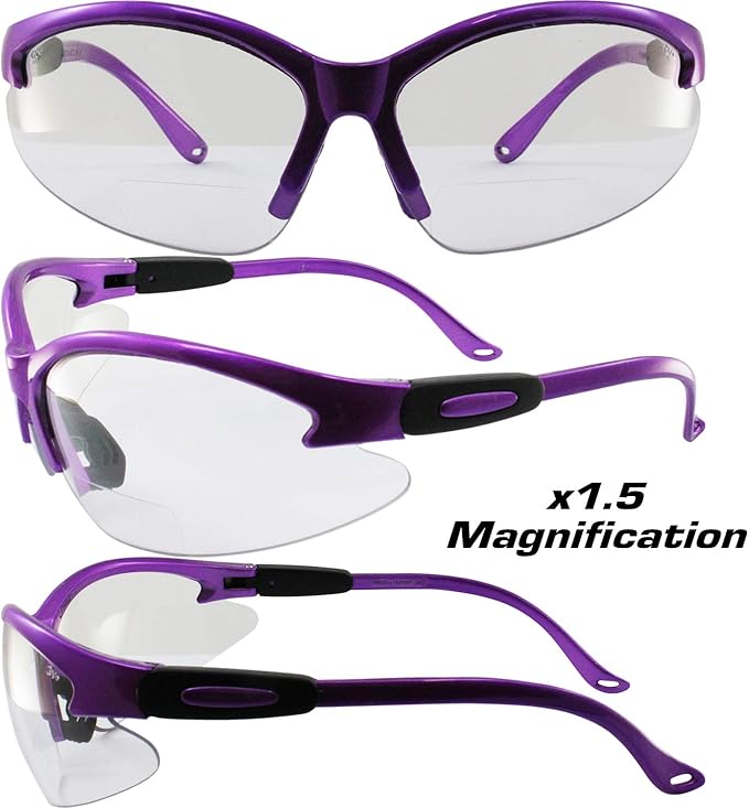 Birdz Eyewear Flamingo Women's Work Safety Glasses Bifocals Readers Purple Frame + 1.5 Magnification Clear Lenses