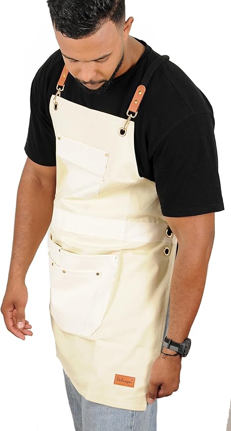 Barber Hair Stylists Working Apron Waterproof Canvas Chef Kitchen Apron with 6 Pockets