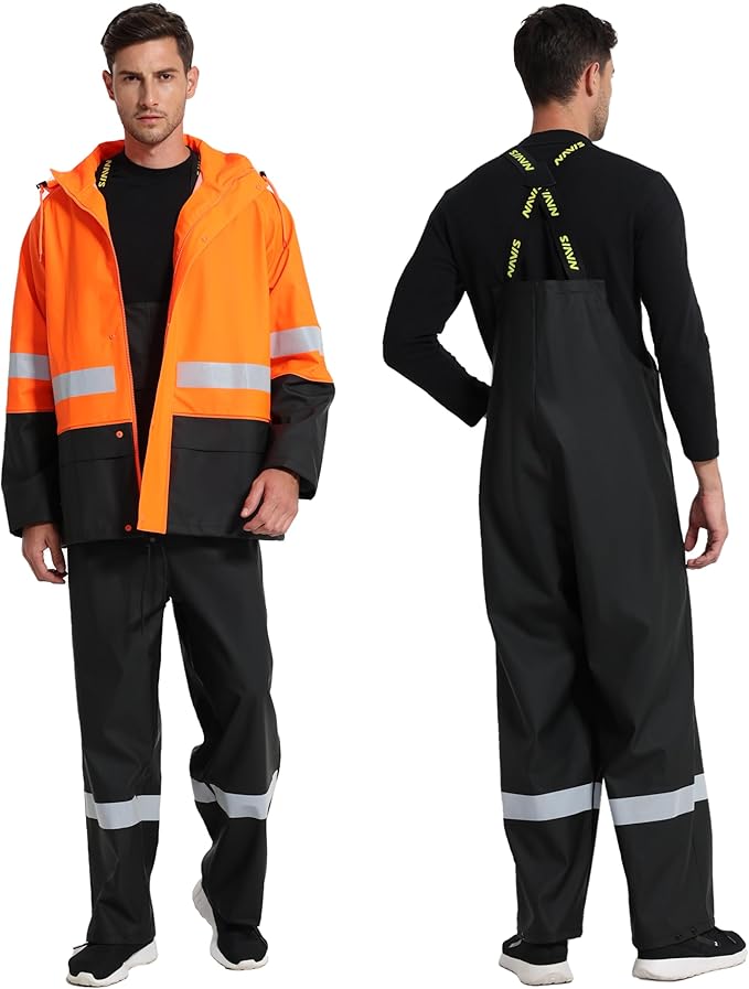 Men's Workwear PRO Rain Suit - Waterproof Jacket and Bib Pants 3-piece Set for Ultimate Safety and Comfort