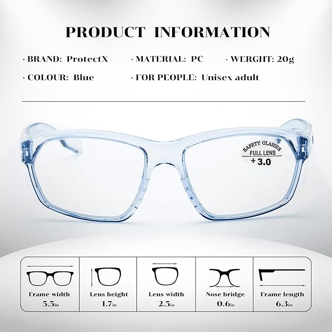 ProtectX Stylish Anti-Fog & Scratch-Resistant Safety Glasses With Readers, UV Protection Goggles, Anti-Impact Lightweight Glasses for Men＆Women 3.0-2 Pack,Blue