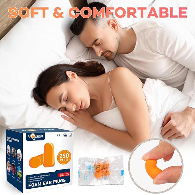 VOISEN Ear Plugs,250 Pairs Ear Plugs for Sleeping,32dB NRR 37dB SNR Ear Plugs Noise Cancelling for Snoring, Studying, Loud Events, Traveling & Concerts, Individual Package