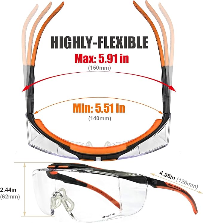 HUNTERSKY ANSI Z87 Anti Fog Lab Safety Glasses Fit Over Eyeglasses Up to 1.88 inch 100% UV Protective Goggles