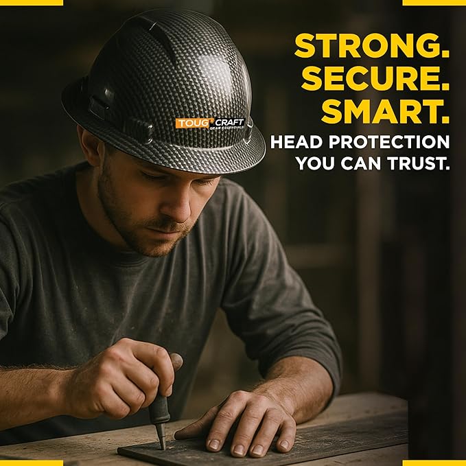 ToughCraft Full Brim Hard Hat for Men - Black Carbon Fiber Hard hat for Construction Work, Safety Helmet with Soft Padded 6 Point Adjustable Ratchet Suspension, Cascos de Construccion, Type I Class C