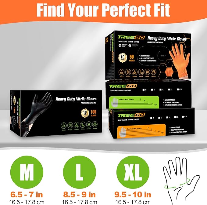 TREEGO Black Nitrile Gloves 10 Mil Heavy Duty Disposable Latex Free – Diamond Grip for Industrial, Construction, Mechanic
